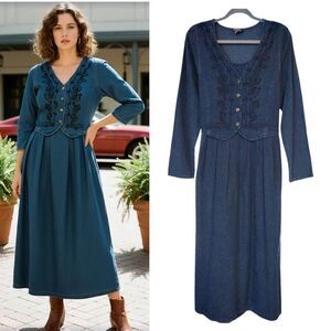 VTG 80s MASS Denim Maxi Dress Embroidered Vest Top Tie Back Large‎